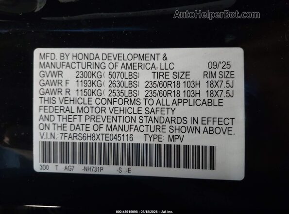 7FARS6H8XTE045116 2026 HONDA CR-V Black Շարժիչի բաժամունքի տեսք