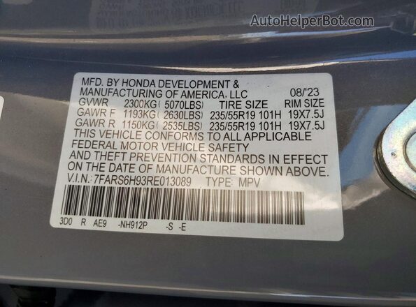 7FARS6H93RE013089 2024 HONDA CR-V Gray Vista de la etiqueta del VIN
