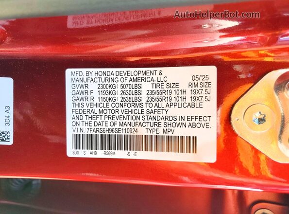 7FARS6H96SE110924 2025 HONDA CR-V Red Вид наклейки з VIN-кодом