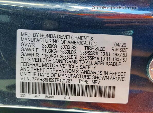 7FARS6H99TE121787 2026 HONDA CR-V Blue Widok naklejki z numerem VIN