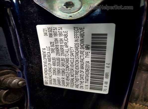 7FART6H52ME020134 2021 HONDA CR-V Blue Панорамний вид салону 360°