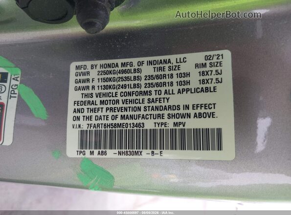 7FART6H58ME013463 2021 HONDA CR-V Gray Engine compartment view