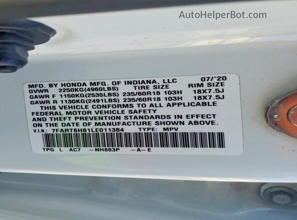 7FART6H81LE011384 2020 HONDA CR-V White VIN კოდის სტიკერის ხედი