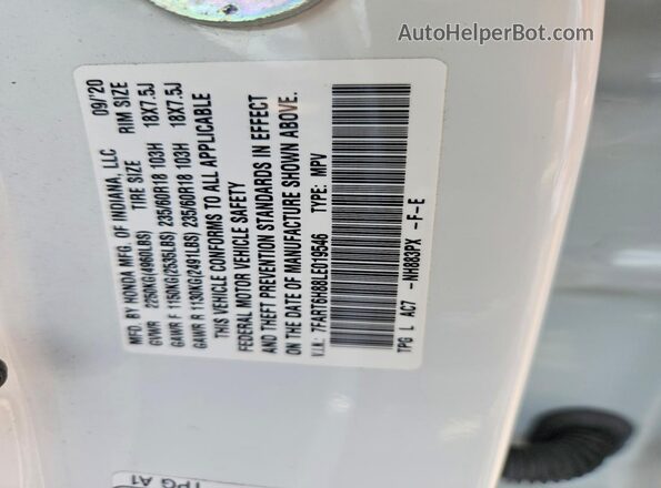 7FART6H88LE019546 2020 HONDA CR-V White Widok wnętrza 360 stopni