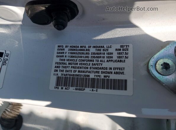 7FART6H8XME012096 2021 HONDA CR-V Белый Вид наклейки с VIN-кодом