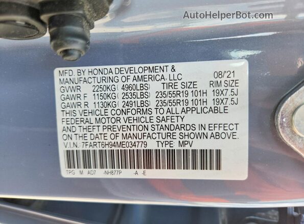 7FART6H94ME034779 2021 HONDA CR-V Blue Vista de la etiqueta del VIN