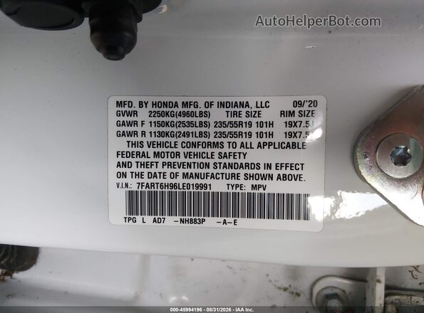 7FART6H96LE019991 2020 HONDA CR-V White Widok komory silnika