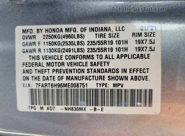 7FART6H96ME008751 2021 HONDA CR-V Silver VIN sticker view