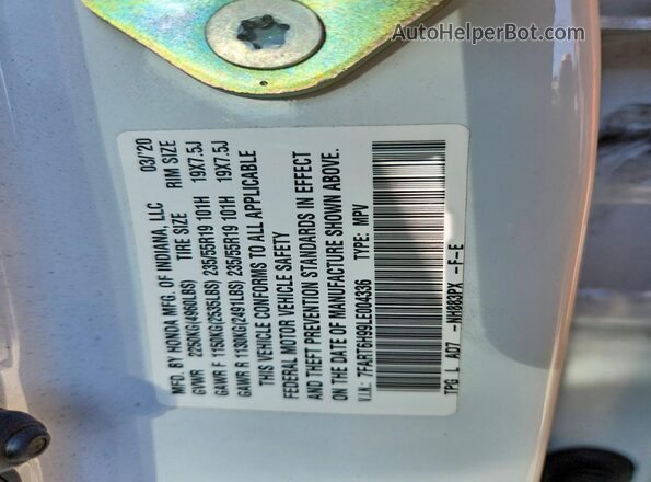 7FART6H99LE004336 2020 HONDA CR-V White VIN კოდის სტიკერის ხედი