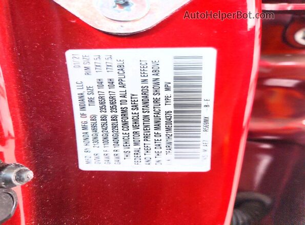 7FARW1H21ME004376 2021 HONDA CR-V Burgundy Vista de la etiqueta del VIN