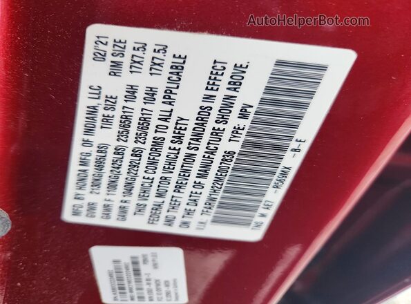 7FARW1H22ME007836 2021 HONDA CR-V Red Vista de la etiqueta del VIN