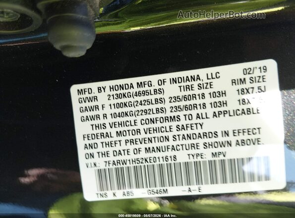 7FARW1H52KE011618 2019 HONDA CR-V Black Engine compartment view