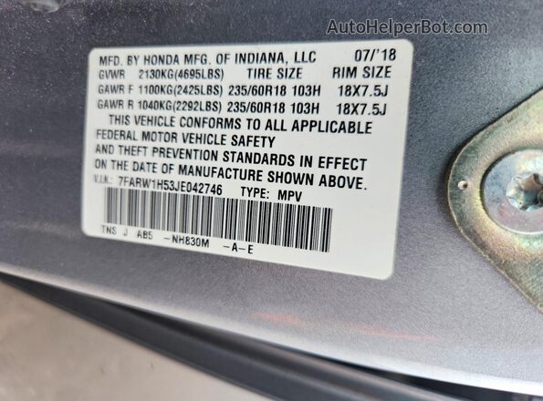 7FARW1H53JE042746 2018 HONDA CR-V Silver Vista de la etiqueta del VIN