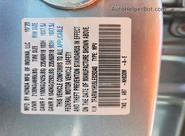 7FARW1H55LE029340 2020 HONDA CR-V Silver VIN sticker view