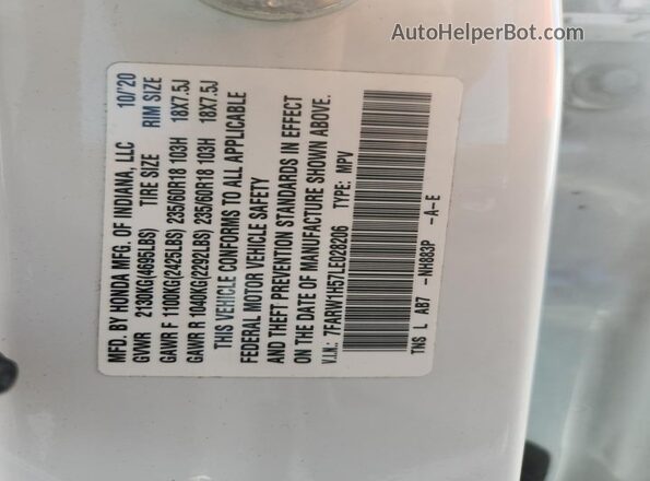 7FARW1H57LE028206 2020 HONDA CR-V White Widok wnętrza 360 stopni