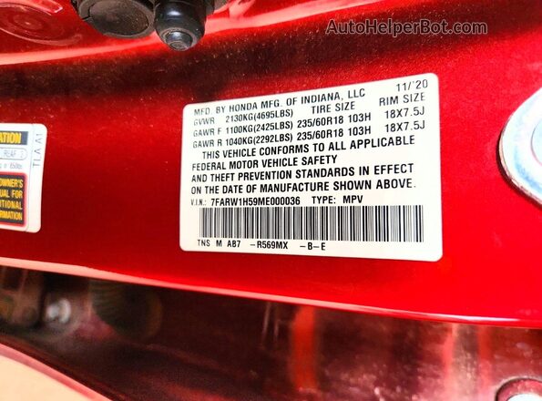 7FARW1H59ME000036 2021 HONDA CR-V Maroon Widok naklejki z numerem VIN