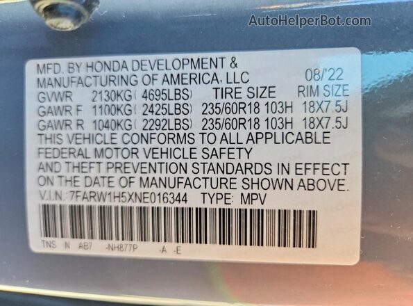 7FARW1H5XNE016344 2022 HONDA CR-V Blue ძრავის განყოფილების ხედი