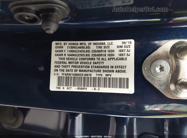7FARW1H80KE018979 2019 HONDA CR-V Blue Widok komory silnika