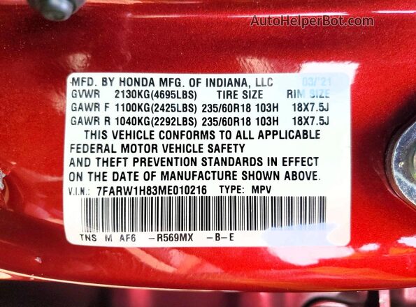 7FARW1H83ME010216 2021 HONDA CR-V Red Widok naklejki z numerem VIN