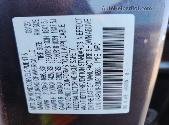 7FARW1H83NE016583 2022 HONDA CR-V Gray Widok naklejki z numerem VIN