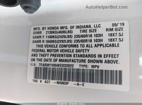 7FARW1H84KE032822 2019 HONDA CR-V White Widok komory silnika