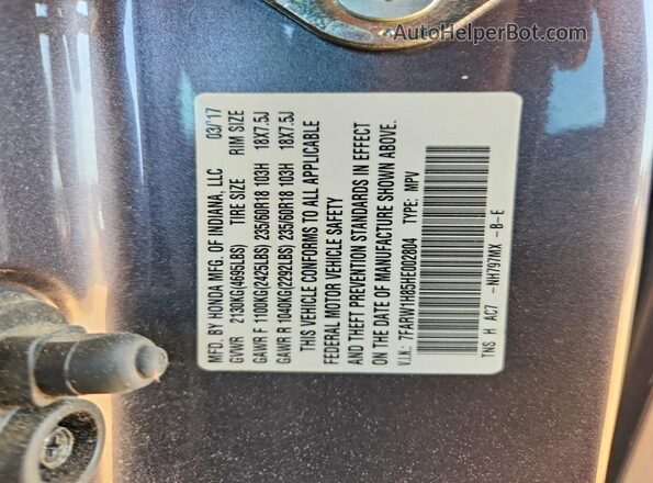7FARW1H85HE002804 2017 HONDA CR-V Gray VIN sticker view