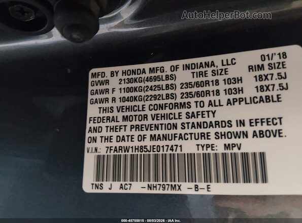 7FARW1H85JE017471 2018 HONDA CR-V Серый Вид подкапотного пространства