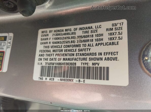 7FARW1H86HE003928 2017 HONDA CR-V Silver Вид підкапотного простору