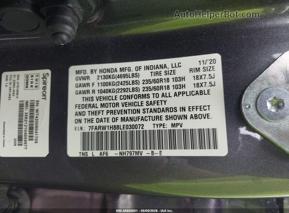 7FARW1H88LE030072 2020 HONDA CR-V Gray Engine compartment view