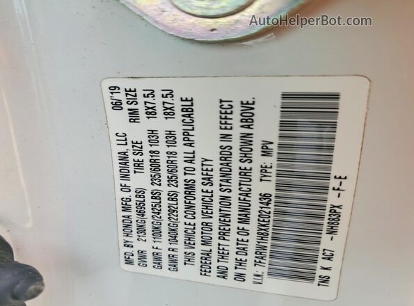 7FARW1H8XKE021436 2019 HONDA CR-V White Widok komory silnika