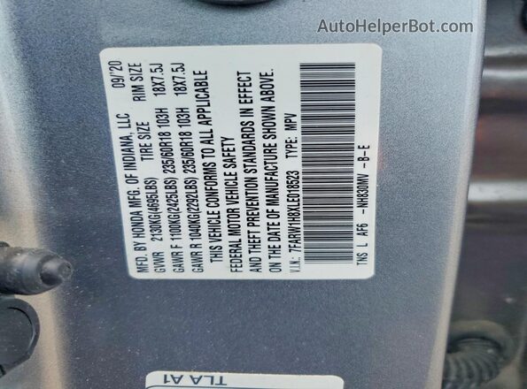 7FARW1H8XLE018523 2020 HONDA CR-V Gray VIN կոդի պիտակի տեսք