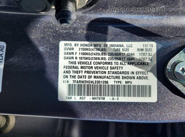 7FARW2H24LE001296 2020 HONDA CR-V Gray Widok wnętrza 360 stopni
