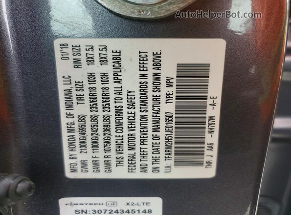 7FARW2H51JE016507 2018 HONDA CR-V Gray VIN sticker view