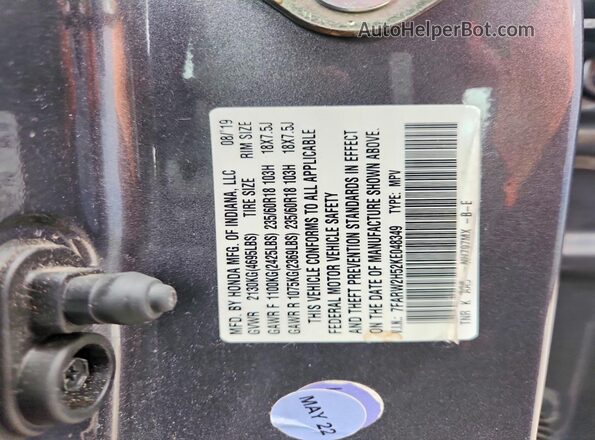 7FARW2H52KE048349 2019 HONDA CR-V Gray VIN sticker view