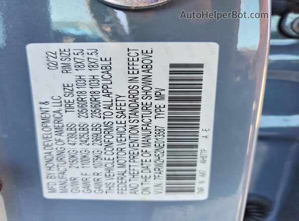 7FARW2H52NE013587 2022 HONDA CR-V Blue Vista de la etiqueta del VIN