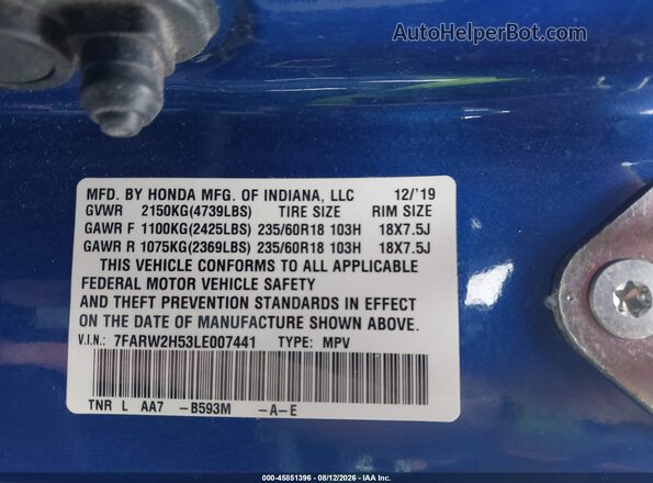 7FARW2H53LE007441 2020 HONDA CR-V Blue Engine compartment view
