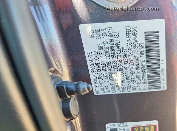 7FARW2H54NE033159 2022 HONDA CR-V Gray Вид наклейки з VIN-кодом