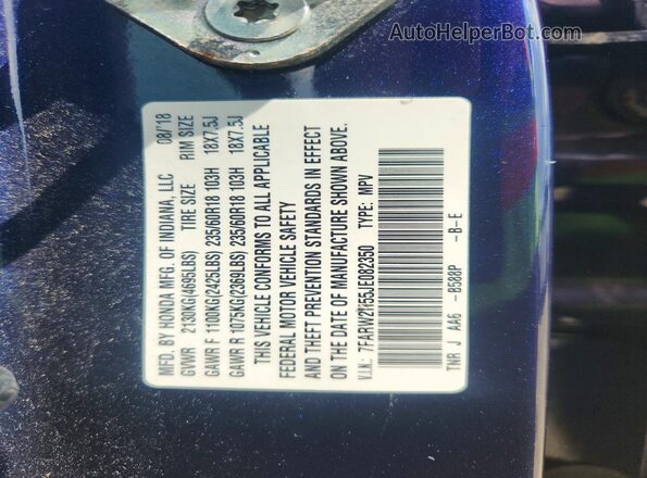7FARW2H55JE082350 2018 HONDA CR-V Blue VIN კოდის სტიკერის ხედი