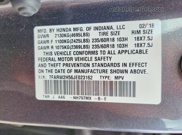 7FARW2H56JE023162 2018 HONDA CR-V Gray VIN კოდის სტიკერის ხედი