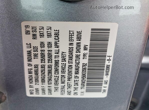 7FARW2H56KE056762 2019 HONDA CR-V Silver VIN կոդի պիտակի տեսք