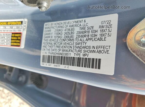 7FARW2H56NE038511 2022 HONDA CR-V Blue Widok naklejki z numerem VIN