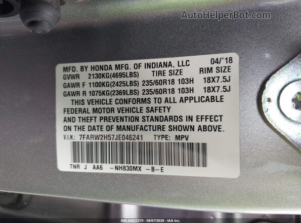7FARW2H57JE046241 2018 HONDA CR-V Gray Vista del compartimento del motor