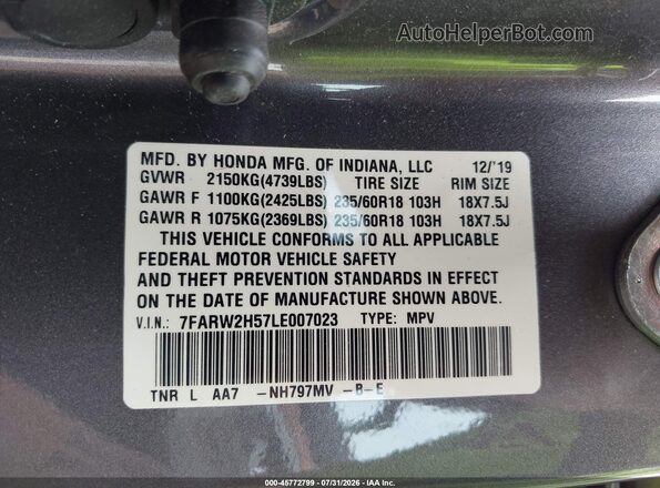 7FARW2H57LE007023 2020 HONDA CR-V Gray ძრავის განყოფილების ხედი