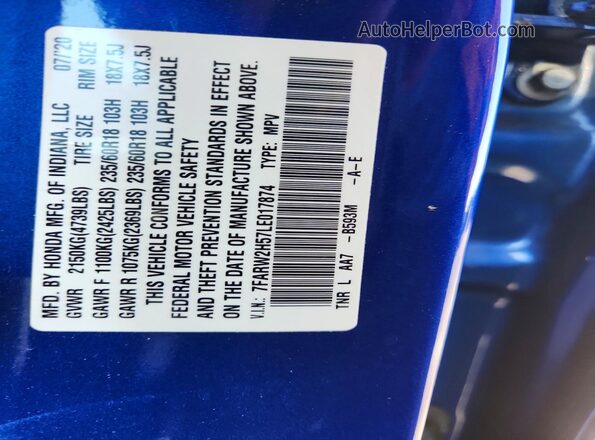 7FARW2H57LE017874 2020 HONDA CR-V Blue VIN կոդի պիտակի տեսք