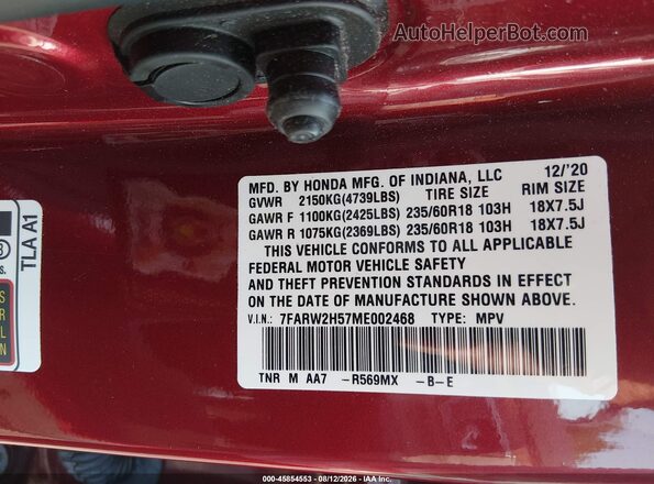 7FARW2H57ME002468 2021 HONDA CR-V Красный Вид подкапотного пространства