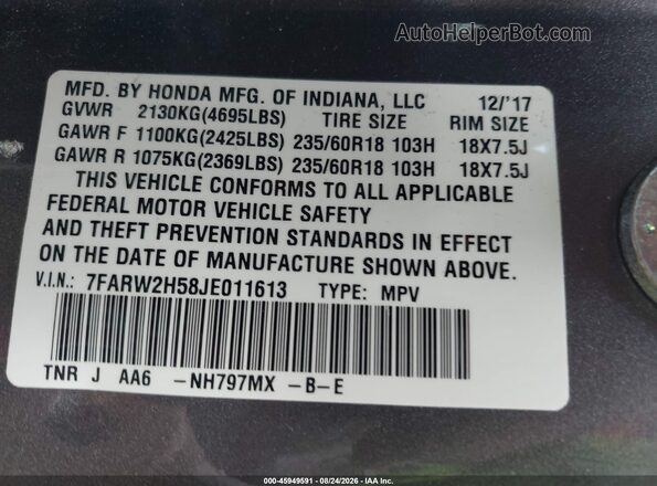 7FARW2H58JE011613 2018 HONDA CR-V Gray Vista del compartimento del motor