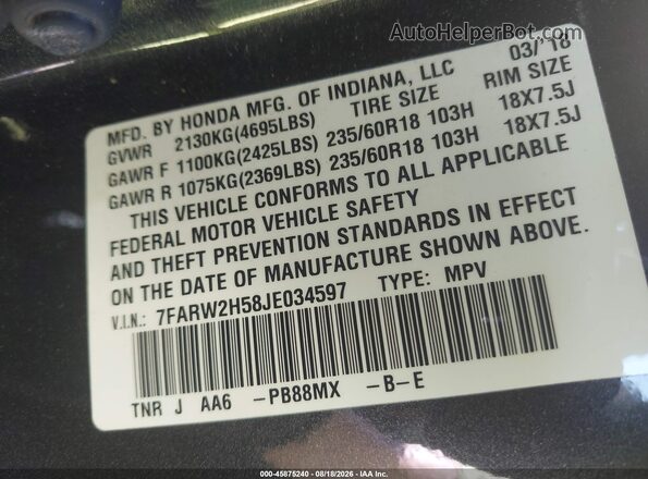 7FARW2H58JE034597 2018 HONDA CR-V Gray Engine compartment view