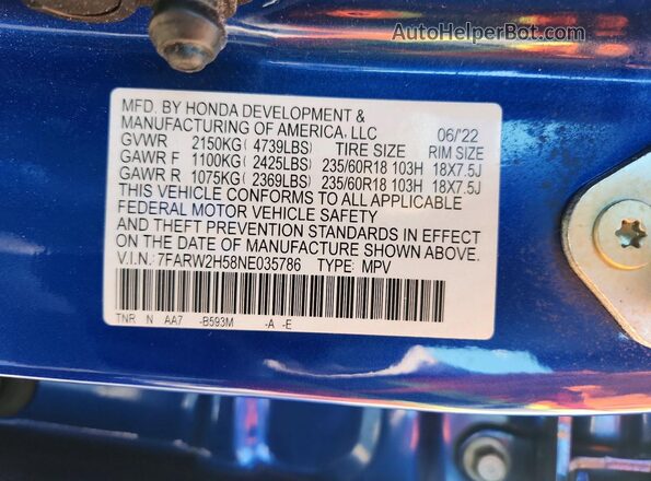 7FARW2H58NE035786 2022 HONDA CR-V Blue VIN კოდის სტიკერის ხედი