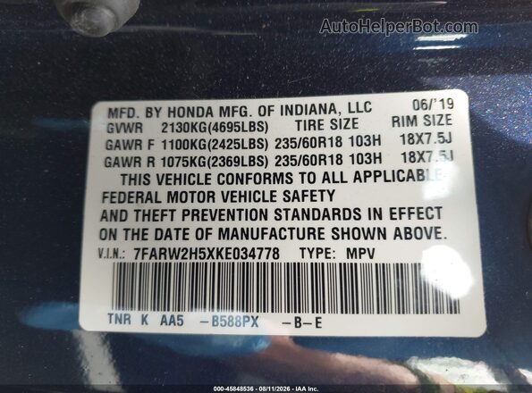 7FARW2H5XKE034778 2019 HONDA CR-V Blue Vista del compartimento del motor
