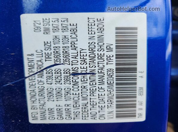 7FARW2H5XME034539 2021 HONDA CR-V Blue Widok wnętrza 360 stopni